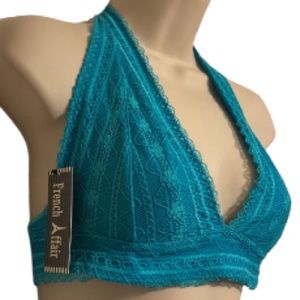 FRENCH AFFAIR Blue Bird Lace Overlay Teal Blue Bralette Women's Small and Large